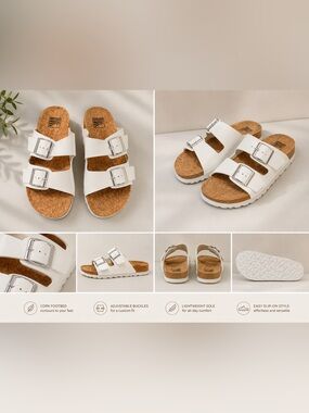 Womens White Cork Footbed Double-Buckle Sandals